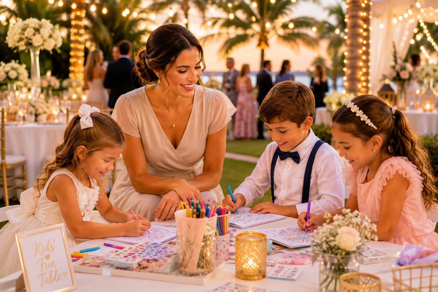 Event babysitter supervising children at a kids' table during an elegant South Florida wedding